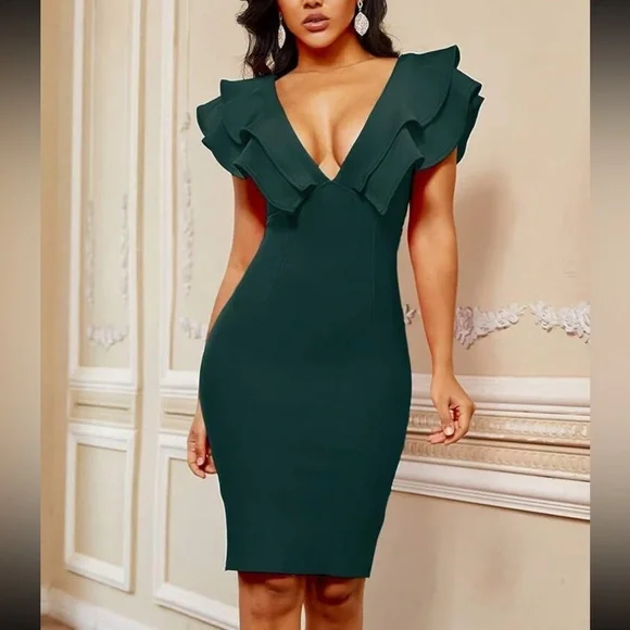 bodycon dress with ruffle hem Ribbed Knit Bodycon Midi Dress with Ruffle Hem – The Pink Room main image 1